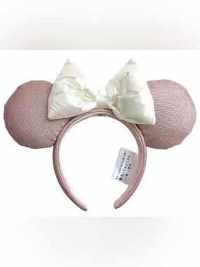 Shimmery Light Pink Ears with White Iridescent Bow Mouse Ear Headband